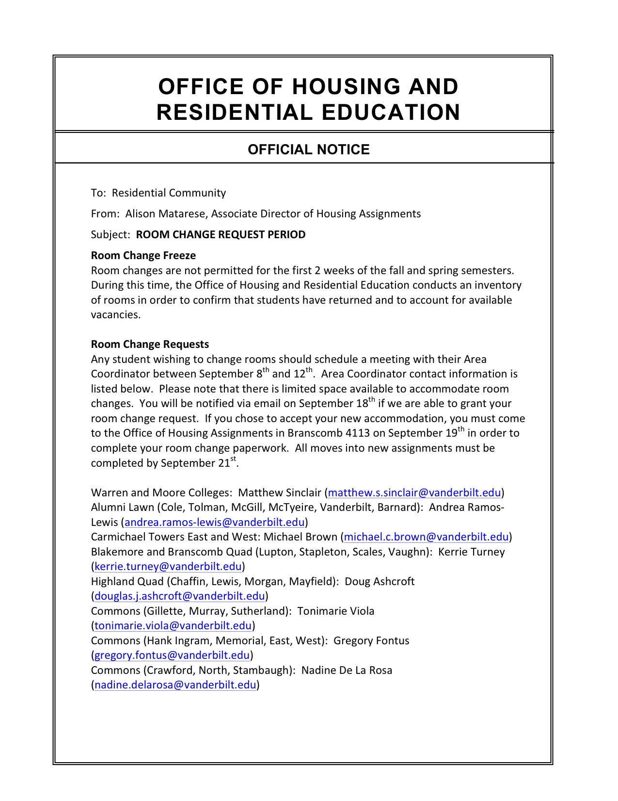 Official Notice Room Change Requests InnerVU Vanderbilt University