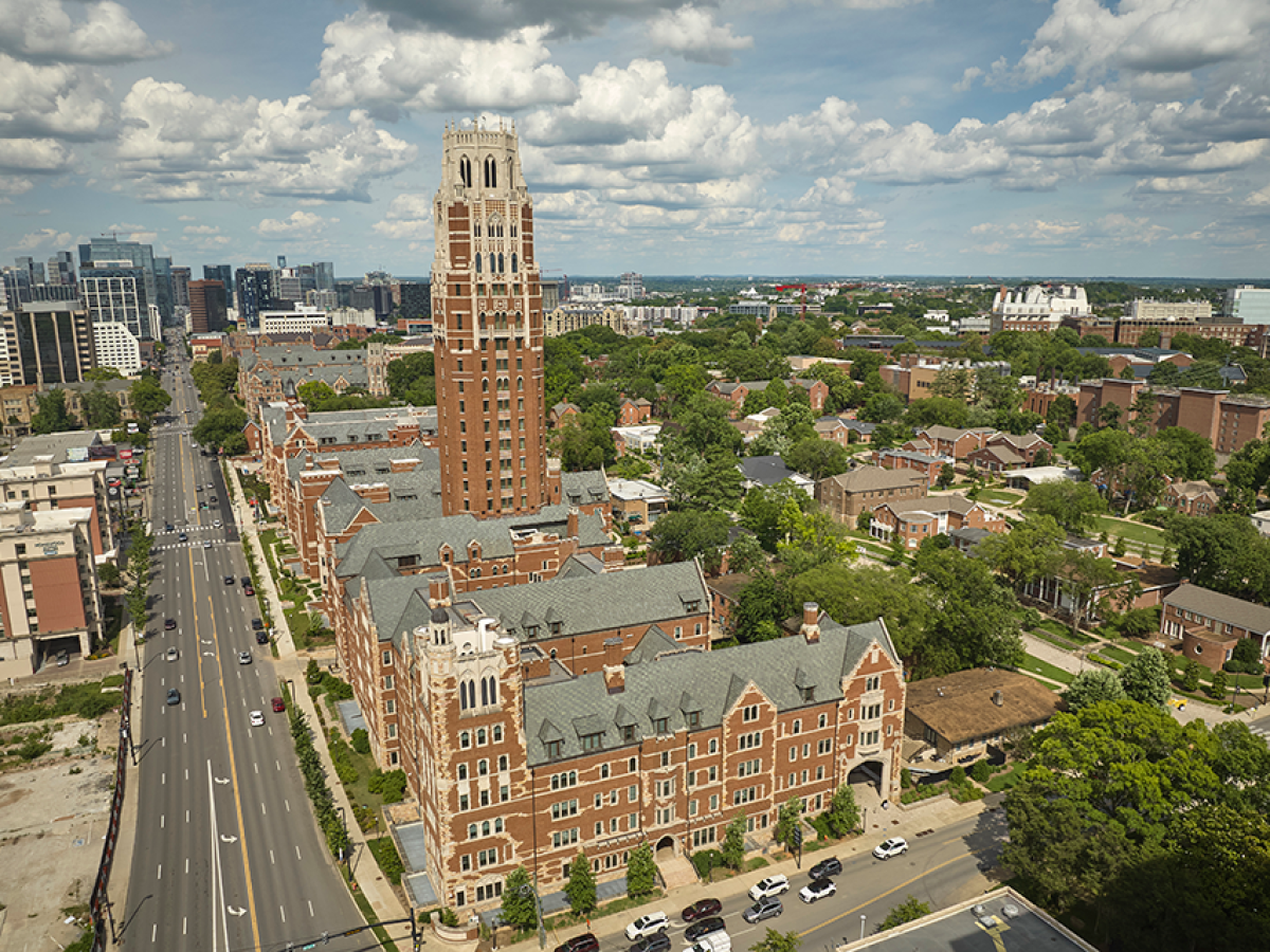 Aerial view of Vanderbilt with downtown Nashville in the background