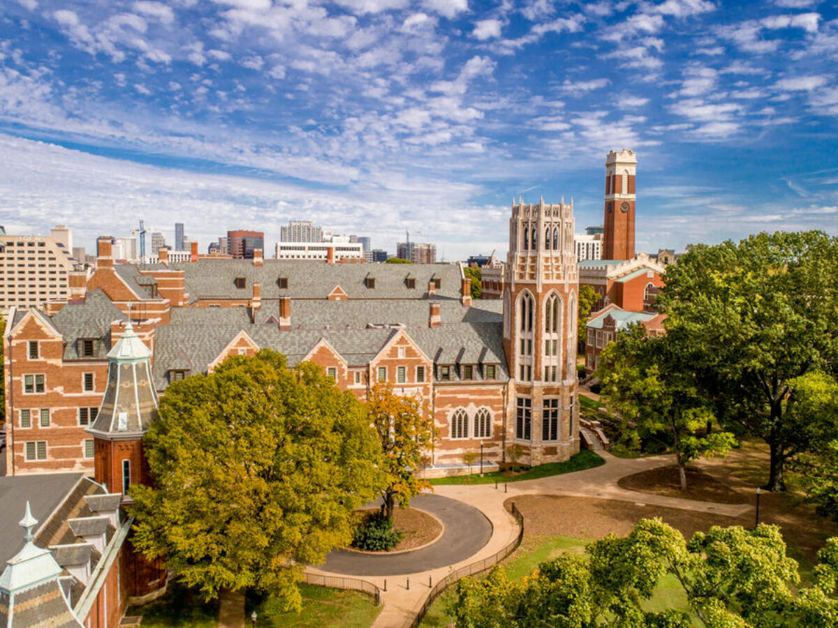 Aerial drone image of Vanderbilt campus. E. Bronson Ingram Residential collage and Kirkland Hall