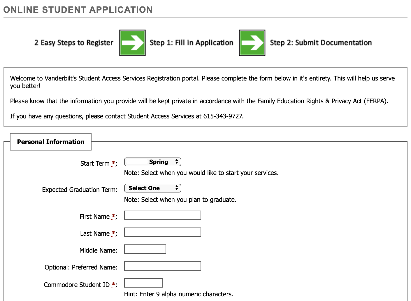 first page of student application