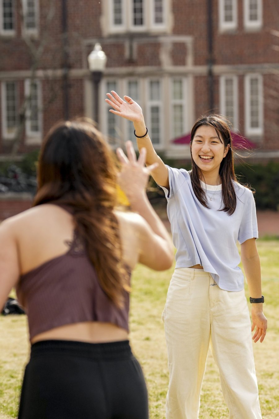 Students enjoy a warm winter day on campus.